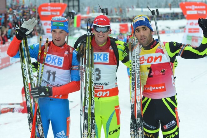 Dmitrijus Malyshko, Jakovas Fakas ir Martinas Fourcade'as | AP/Scanpix nuotr.