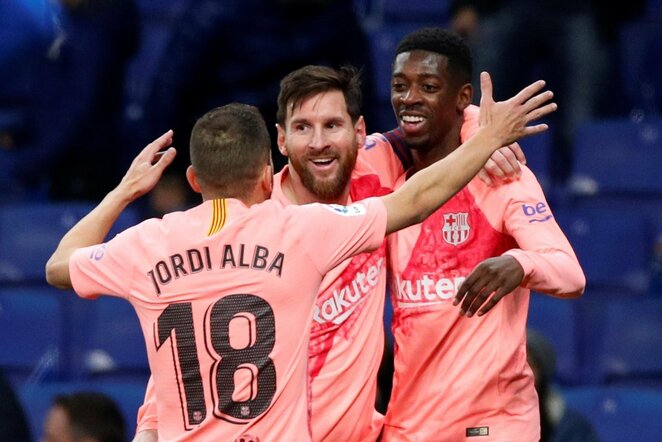 Jordi Alba, Lionelis Messi, Ousmane'as Dembele | Scanpix nuotr.
