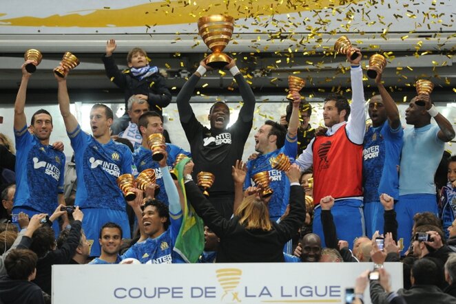Triumfuojantys Marselio „Olympique“ komandos futbolininkai | AFP/Scanpix nuotr.