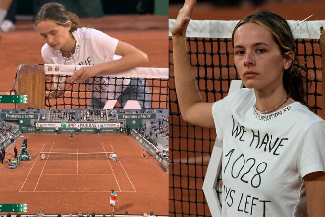 „Roland Garros“ pusfinalį sustabdė protestuotoja | „Scanpix“ ir instagram.com nuotr.