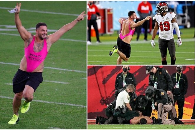 „Super Bowl“ rungtynėse į aikštę išbėgo iššaukiančiai apsirengęs vyriškis | Scanpix nuotr.