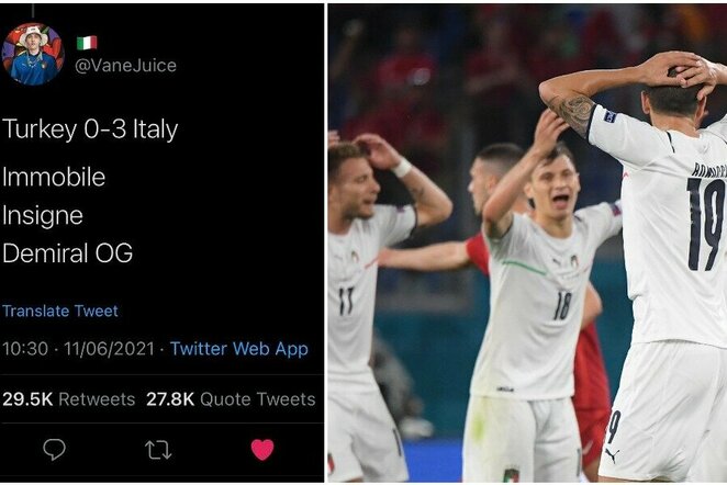 Neįtikėtina: internautas idealiai nuspėjo Italijos ir Turkijos rungtynių baigtį | „Scanpix“ ir instagram.com nuotr.