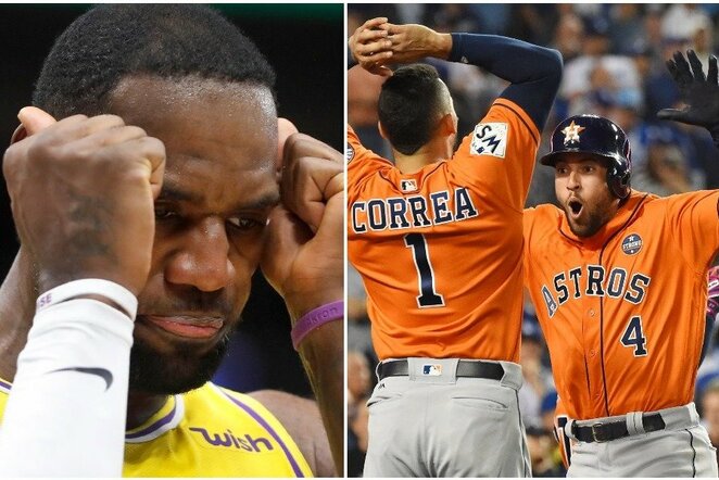 LeBronas Jamesas ir Hiustono „Astros“ žaidėjai | Scanpix nuotr.