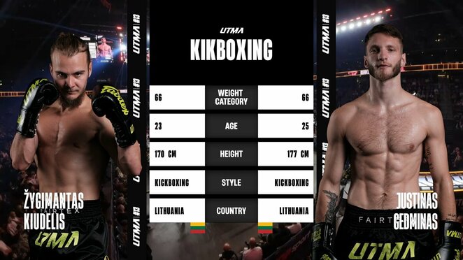 Žygimantas Kiudelis (64 kg, 0-1 UTMA) &ndash; Justinas Gedminas (66,1 kg, 1-1 UTMA) | -66 kg, kikboksas | Organizatorių nuotr.