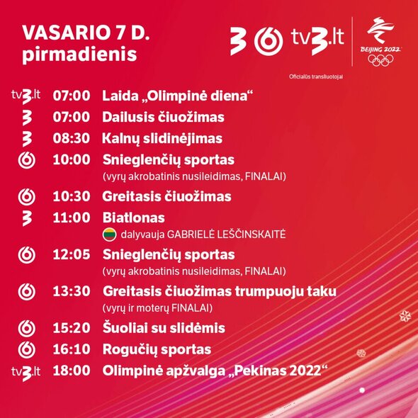 Olimpinių transliacijų tvarkaraštis | Organizatorių nuotr.