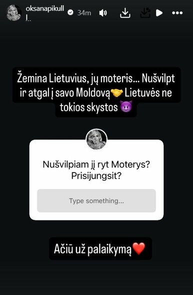 Oksanos Pikul komentaras | Instagram.com nuotr