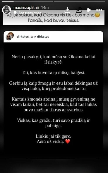 Maximo Zaplitnii žinutė | Instagram.com nuotr