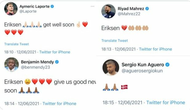 Futbolininkų linkėjimai Ch.Eriksenui | „Twitter“ nuotr.