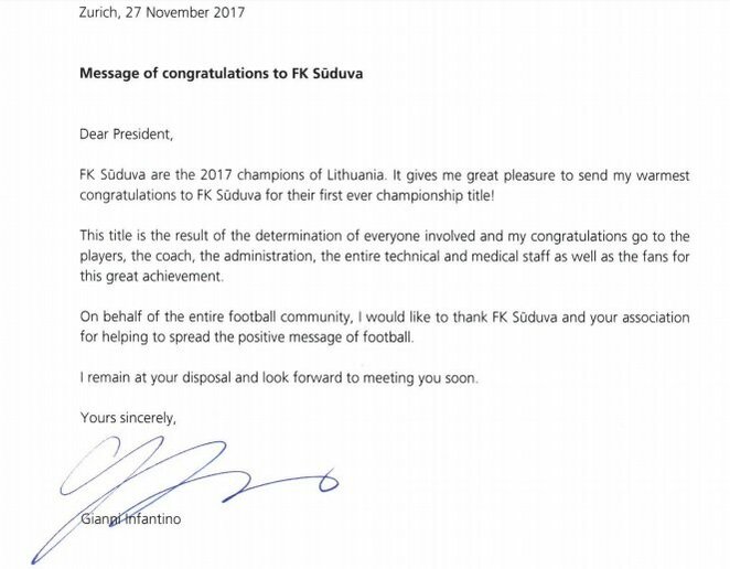 FIFA prezidento sveikinimas | Organizatorių nuotr.