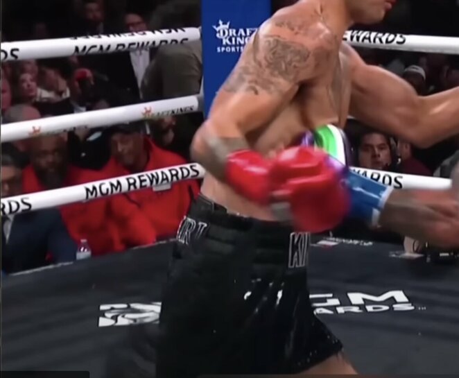 Gervonta Daviso smūgis į Ryano Garcia kepenis | „Stop“ kadras Gervonta Daviso smūgis į Ryano Garcia kepenis | „Stop“ kadras